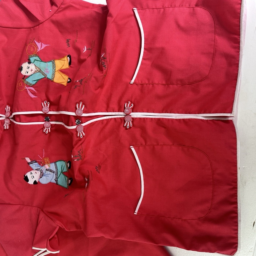 Vintage Daffodil Child's Embroidered Red Chinese 2 Piece Play Outfit Top Pants 8 - Picture 8 of 15